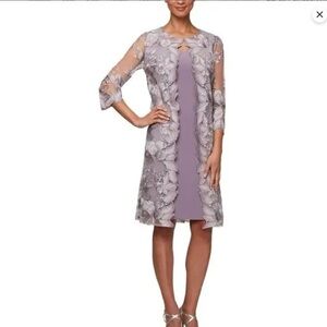 Alex Evenings Smokey lavender embroidered lace jacket dress size 12 NWT